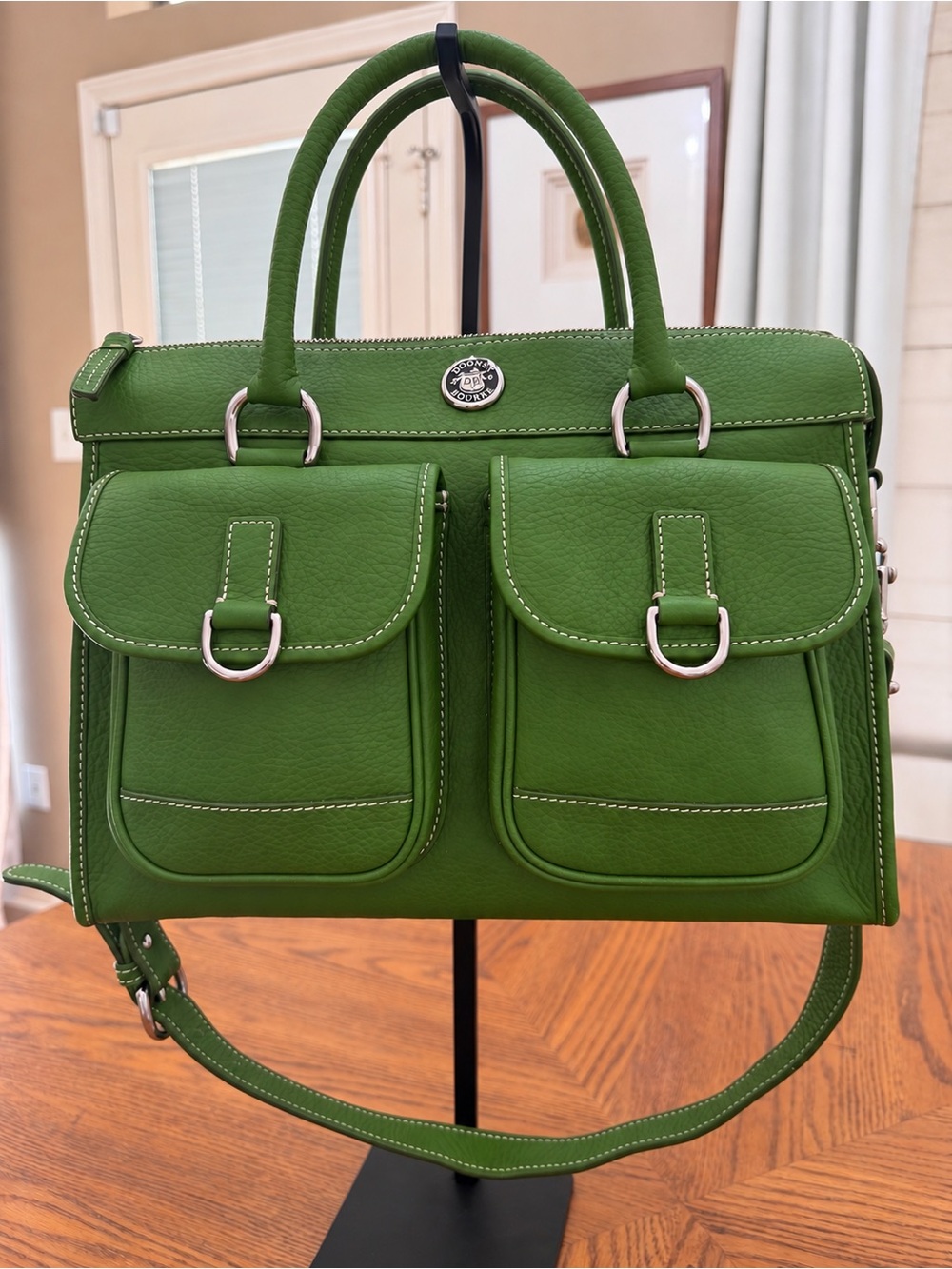 EUC Dooney & Bourke Green Leather Double-Pocket Satchel Shoulder Bag